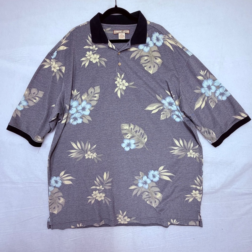 Paradise Blue Mens 3XLT Polo Shirt Gray Tropical Floral Hibiscus Cotton Blend